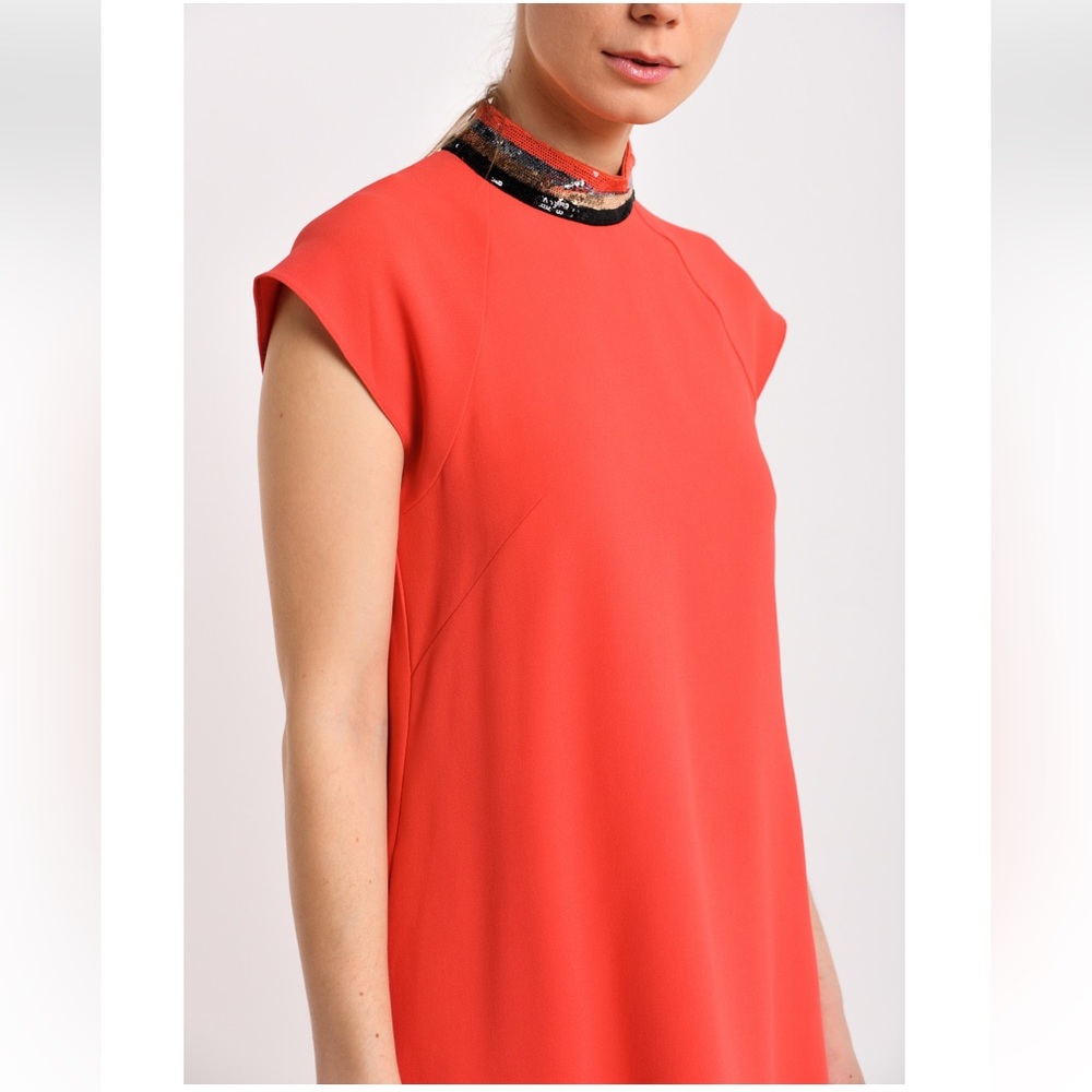EMPORIO ARMANI Cady sequin collar pink coral orange cap sleeve swing mini dress